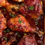 Overhead close up view of celebration chicken in a casserole dish