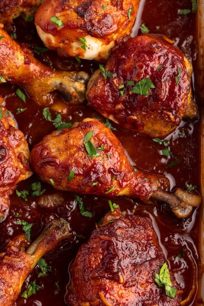 Overhead close up view of celebration chicken in a casserole dish