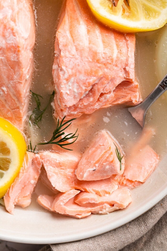 Close-up view of poached salmon in a bowl with lemon discs.