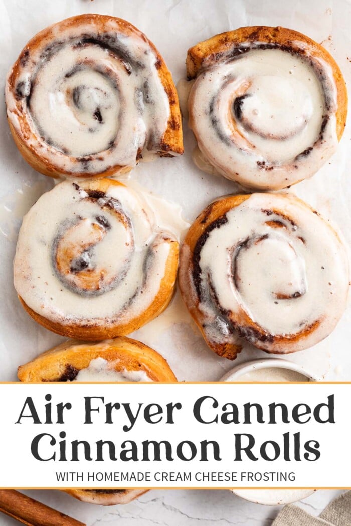 Pin graphic for air fryer canned cinnamon rolls.