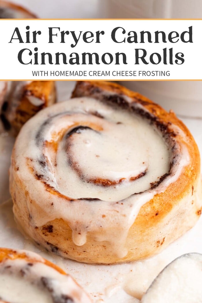Pin graphic for air fryer canned cinnamon rolls.