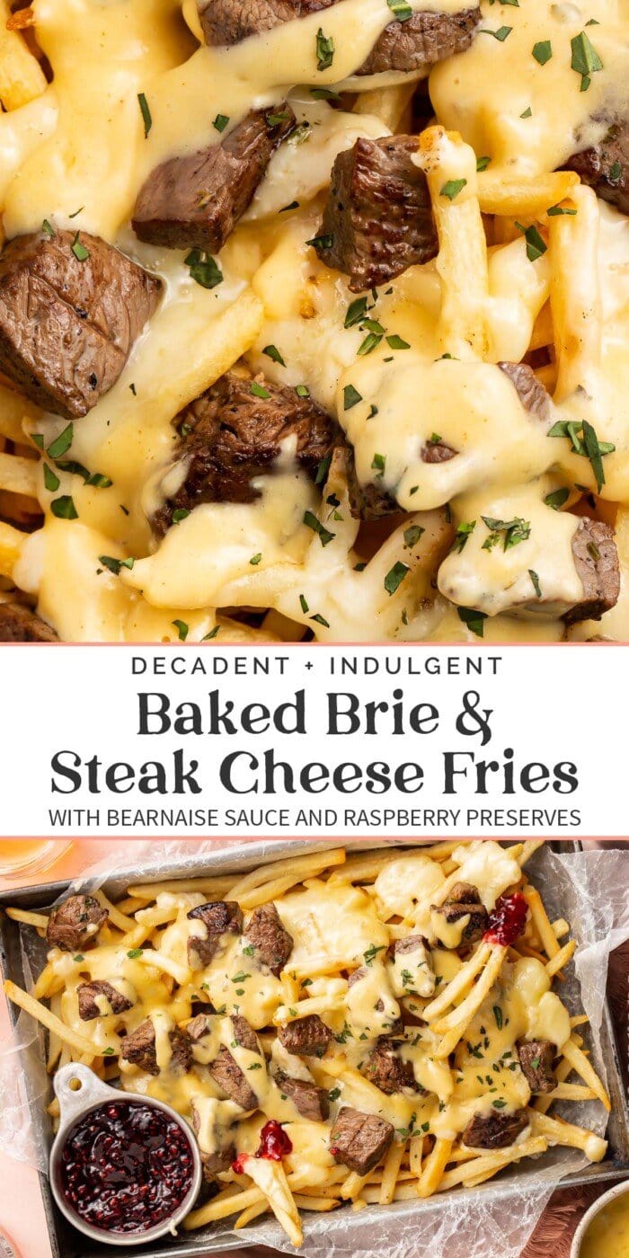 Pin graphic for baked brie and steak cheese fries.