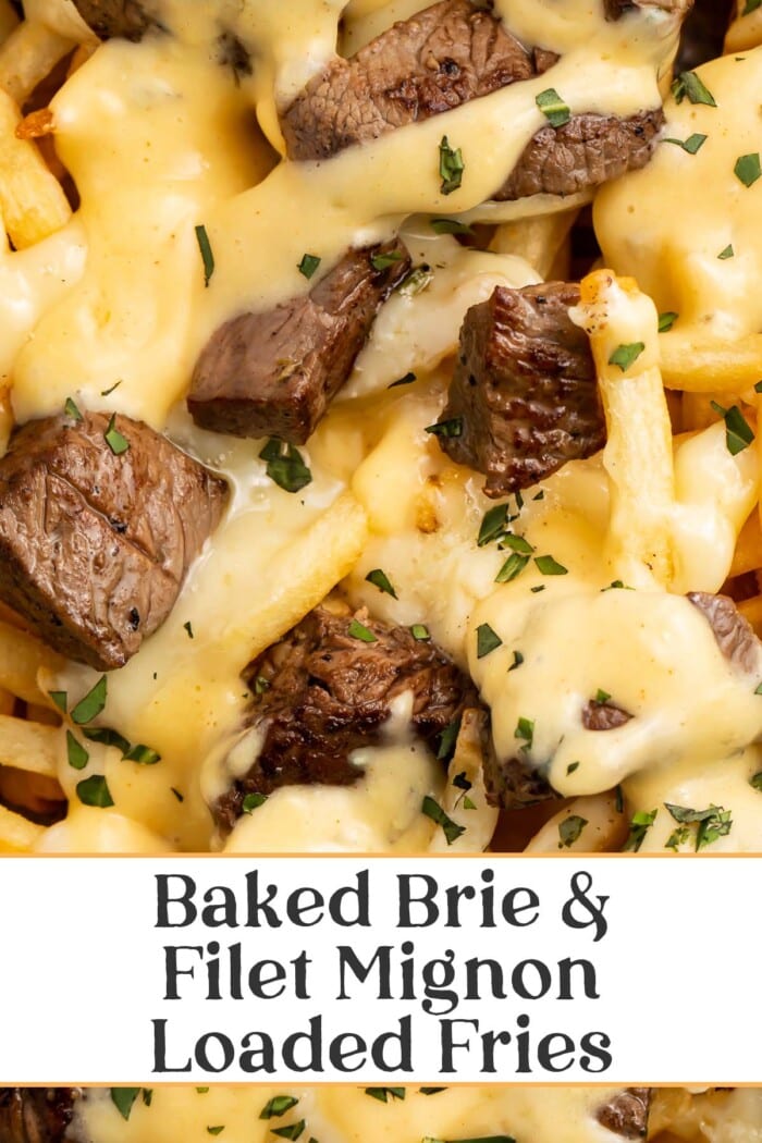 Pin graphic for baked brie and steak cheese fries.