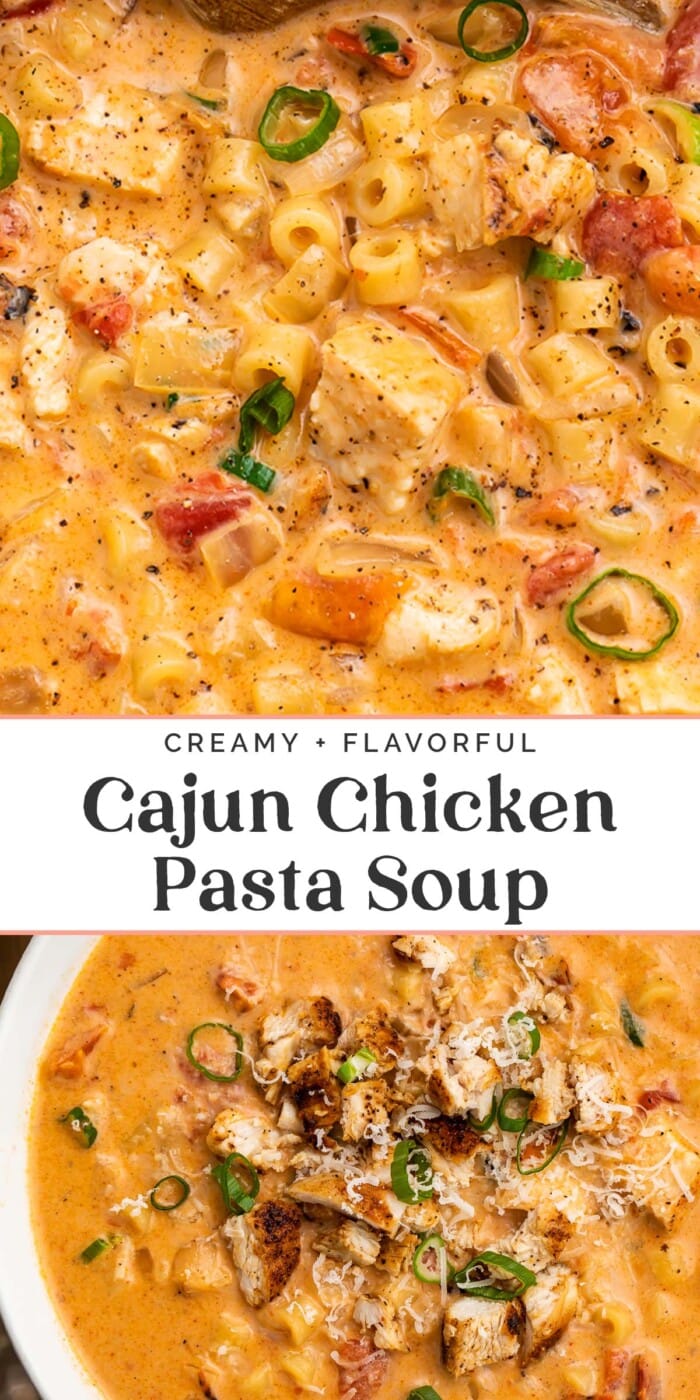 Pin graphic for cajun chicken pasta soup.