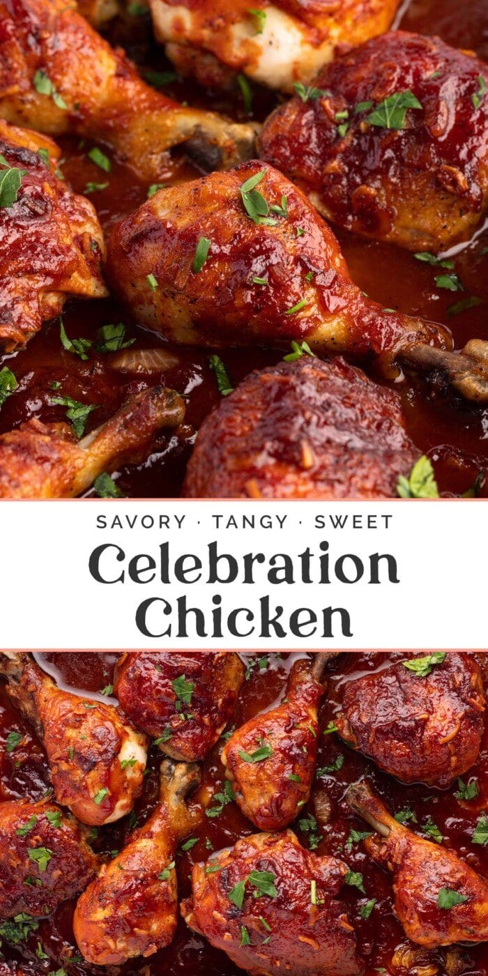 Pin graphic for celebration chicken.