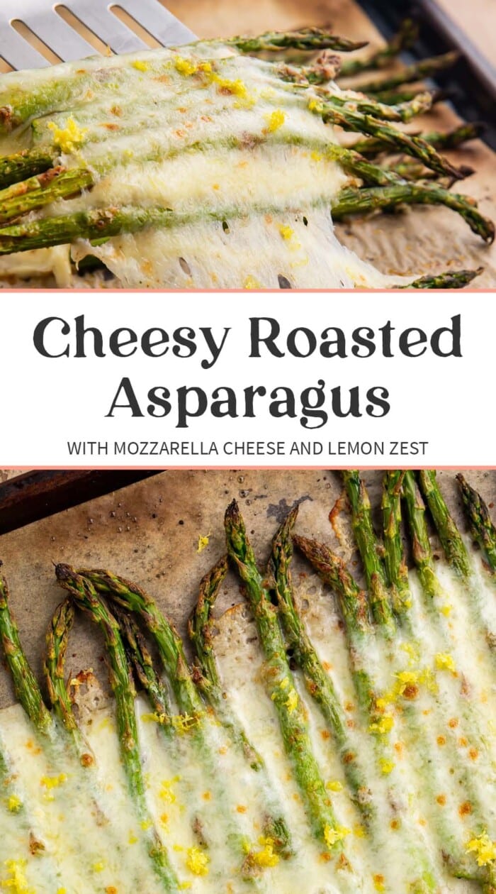 Pin graphic for cheesy roasted asparagus.