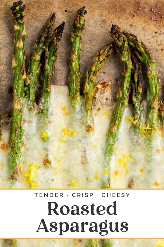 Pin graphic for cheesy roasted asparagus.