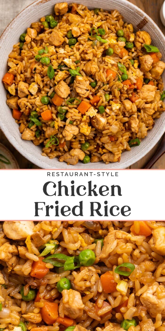 Pin graphic for chicken fried rice.