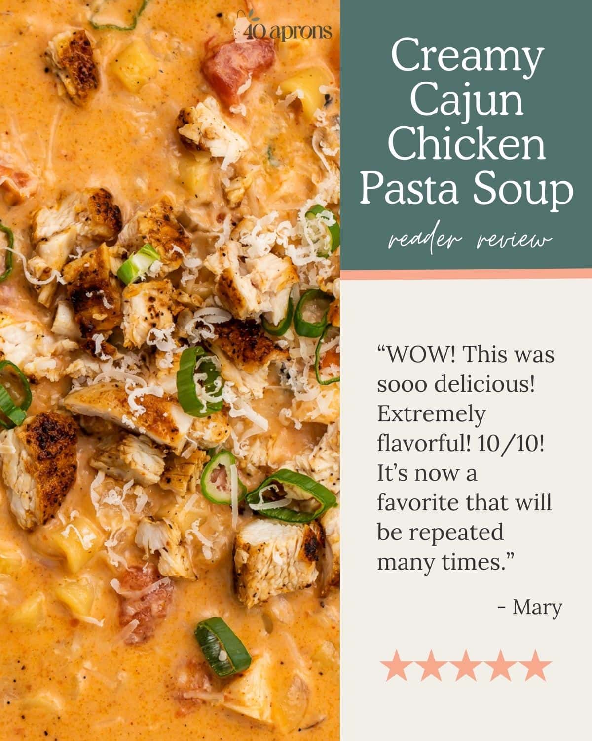 Pin graphic for creamy cajun chicken pasta soup.