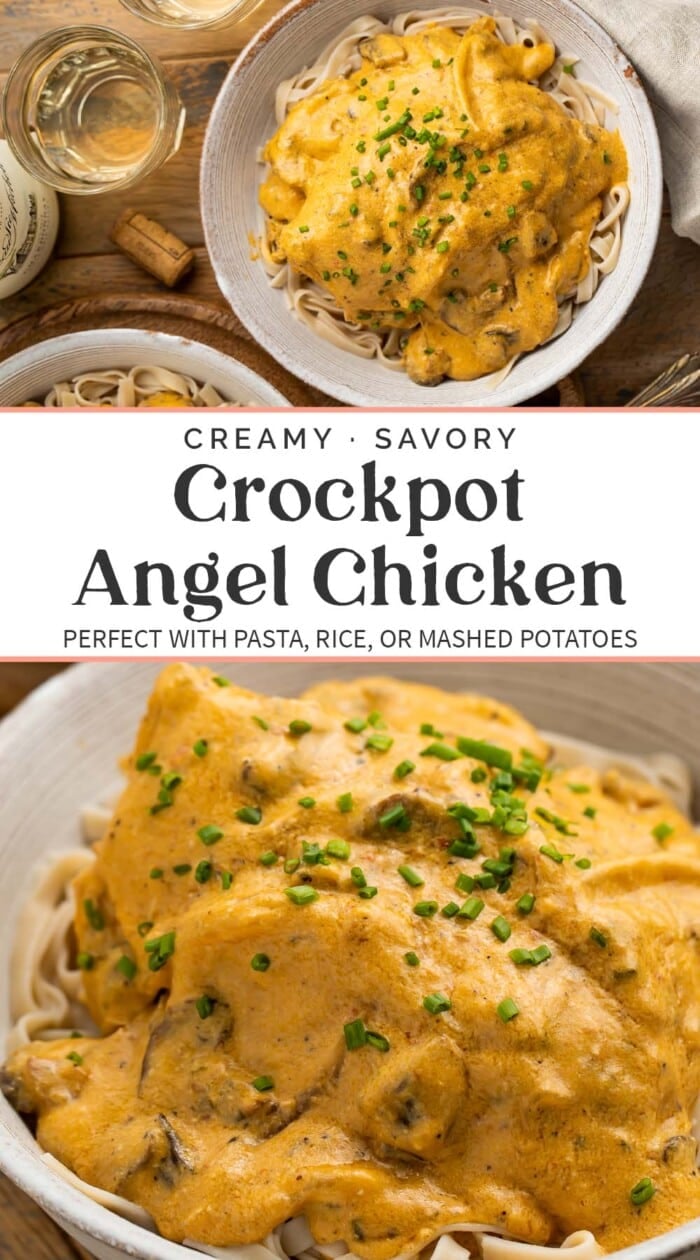 Pin graphic for crockpot angel chicken.