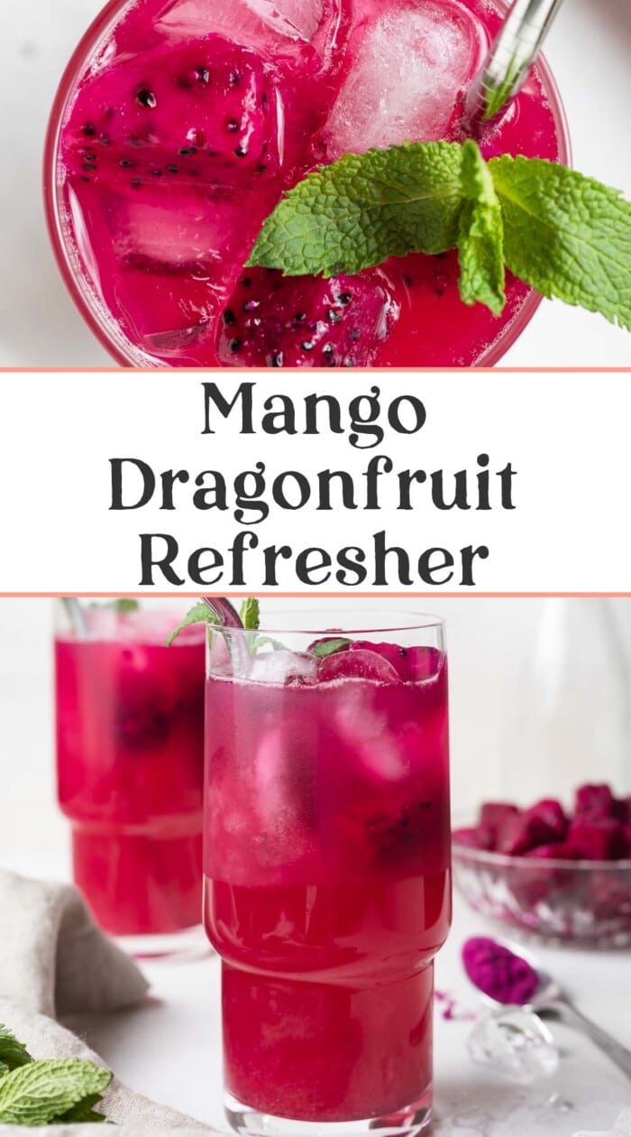 Pin graphic for mango dragon fruit refresher.