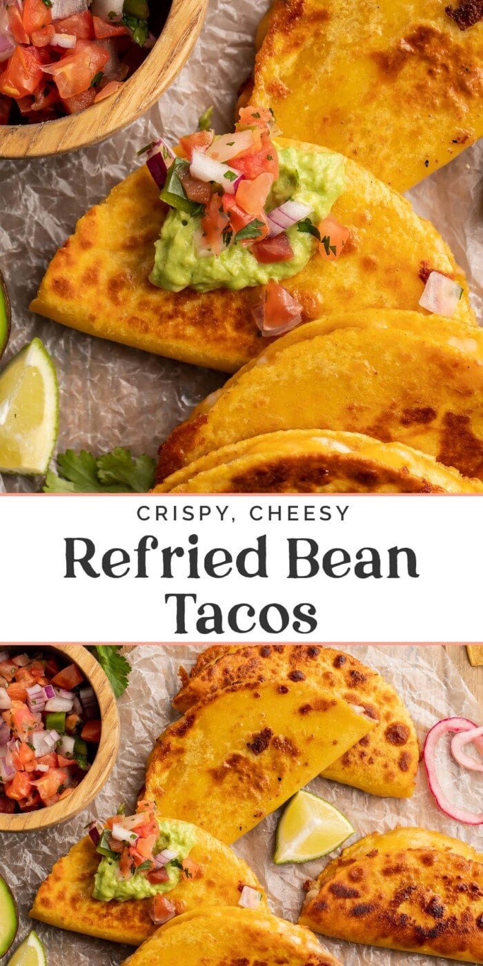 Pin graphic for refried bean tacos.