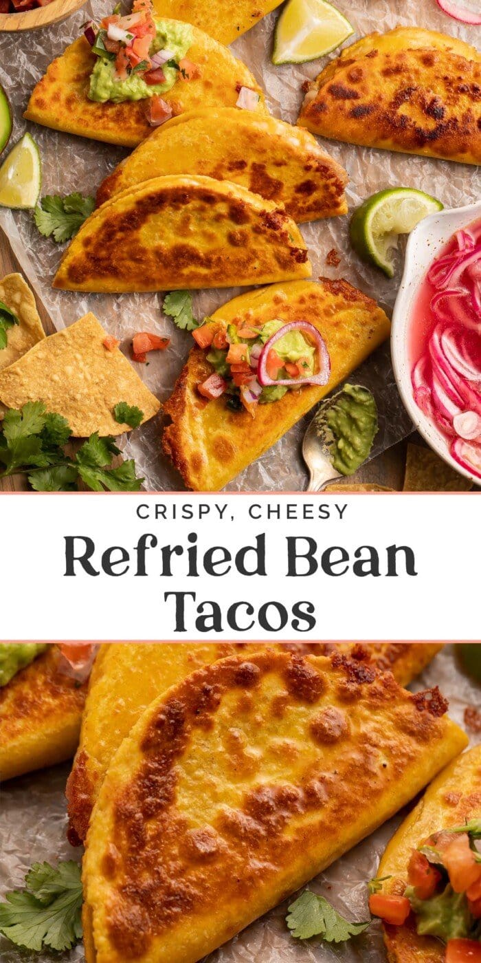 Pin graphic for refried bean tacos.