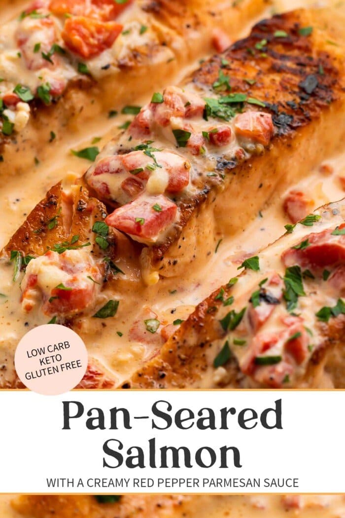Pin graphic for salmon in red pepper cream sauce.