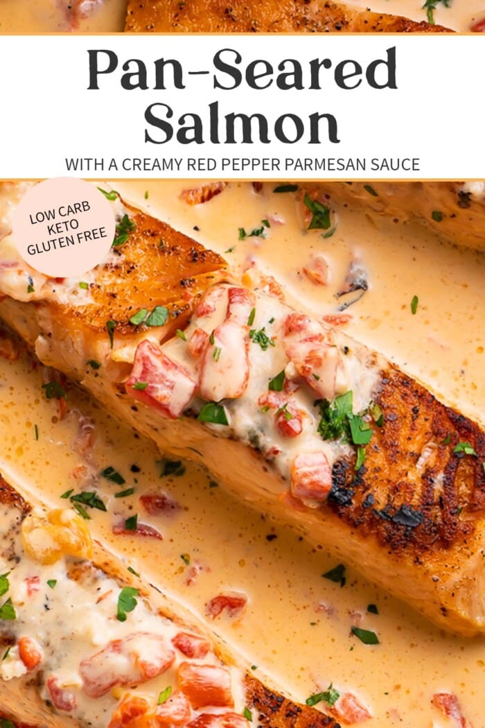 Pin graphic for salmon in red pepper cream sauce.