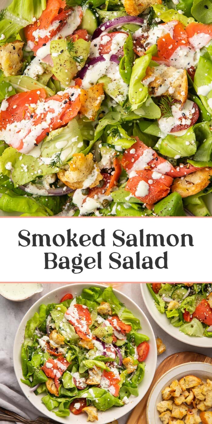 Pin graphic for smoked salmon bagel salad.