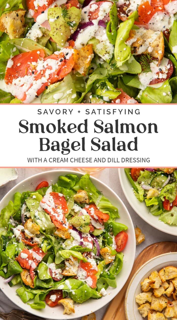 Pin graphic for smoked salmon bagel salad.