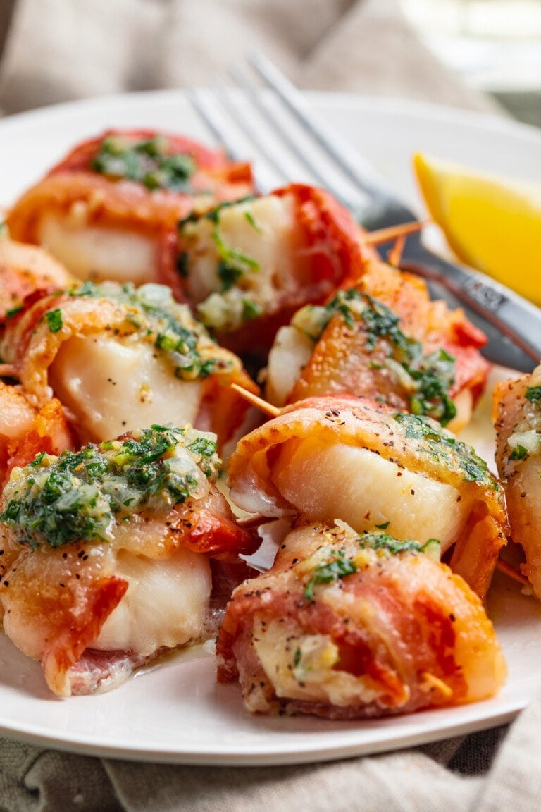 Bacon-Wrapped Scallops with Herb-Butter Sauce