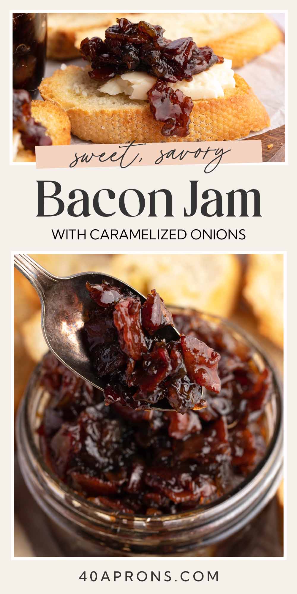 Pin graphic for sweet onion bacon jam.