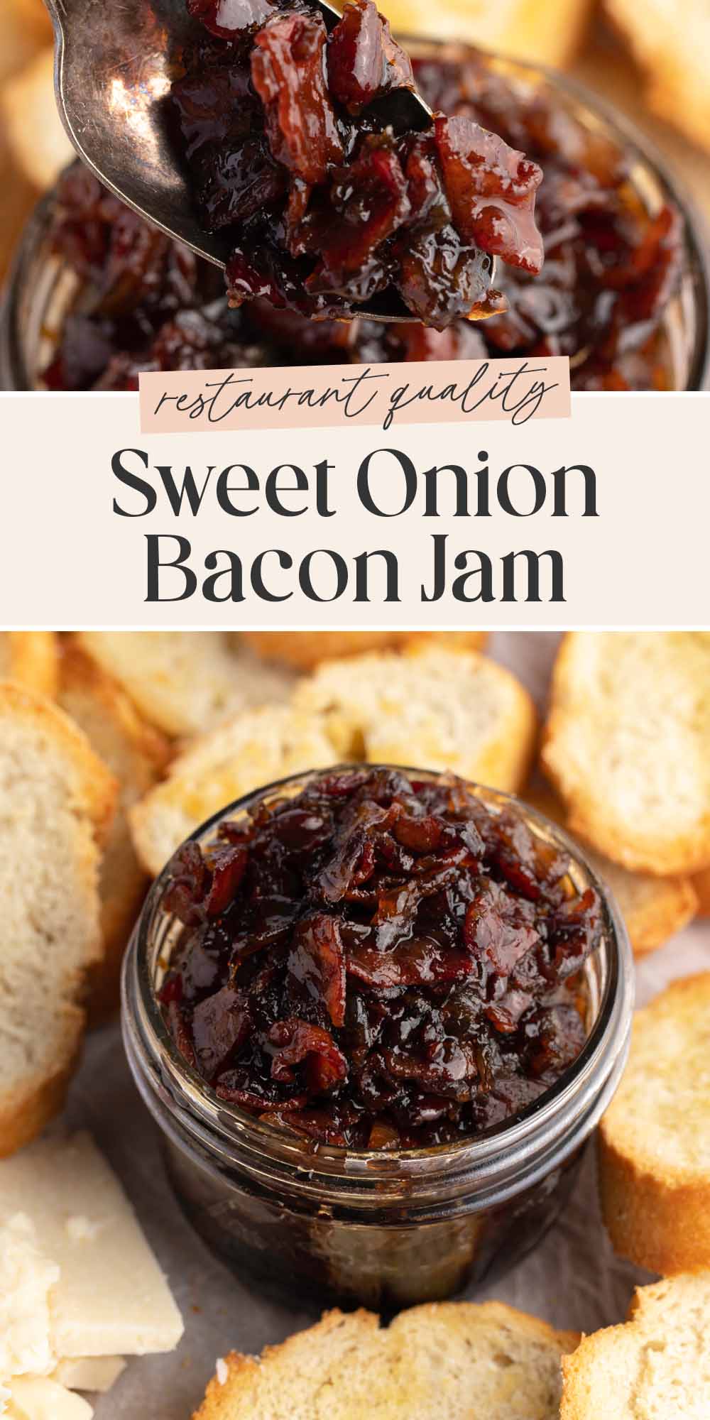 Pin graphic for sweet onion bacon jam.