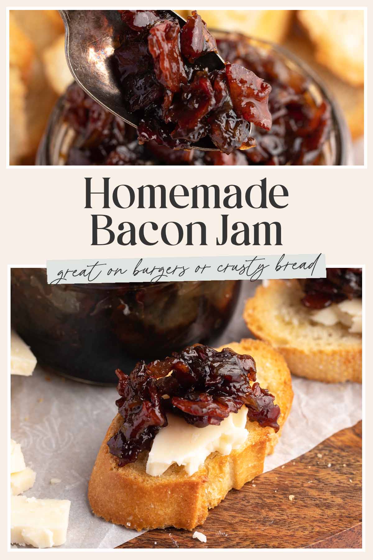 Pin graphic for sweet onion bacon jam.