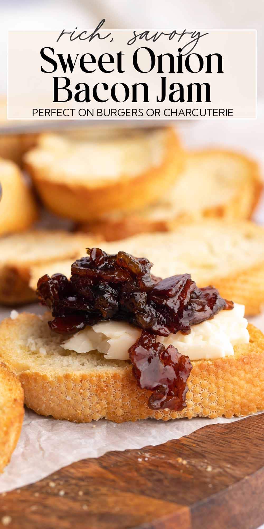 Pin graphic for sweet onion bacon jam.