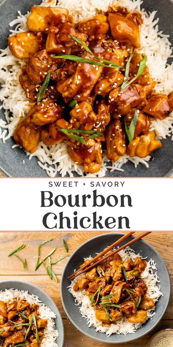 Pin graphic for bourbon chicken.