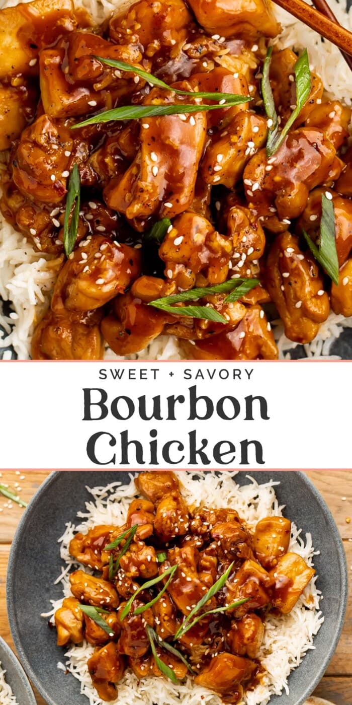 Pin graphic for bourbon chicken.