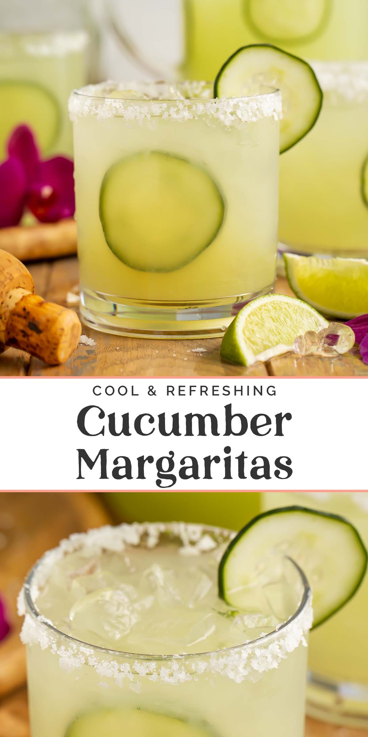 Pin graphic for cucumber margaritas.