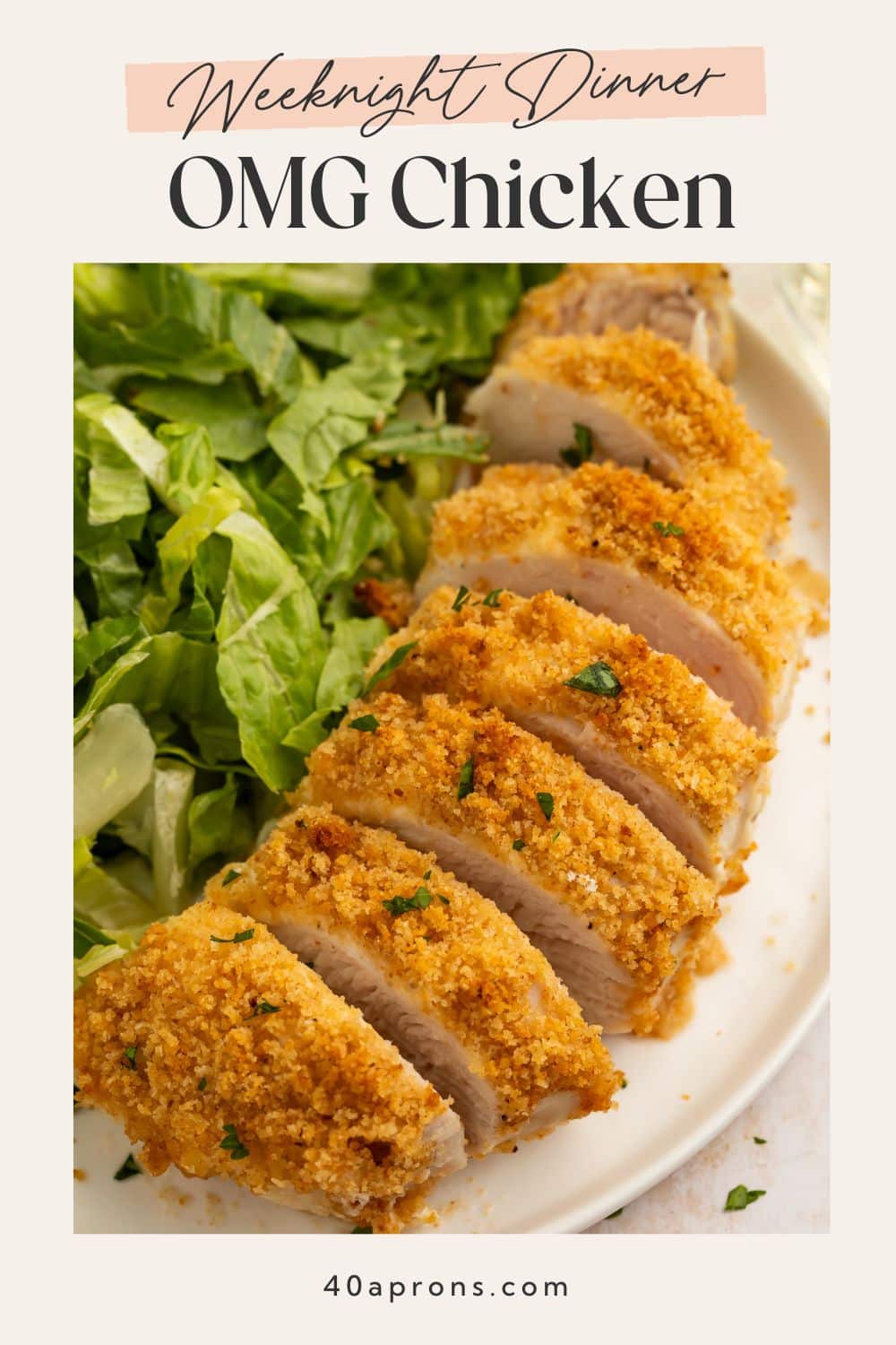 Pinterest graphic with text "Weeknight Dinner OMG Chicken" and close-up photo of sliced breaded chicken breast.