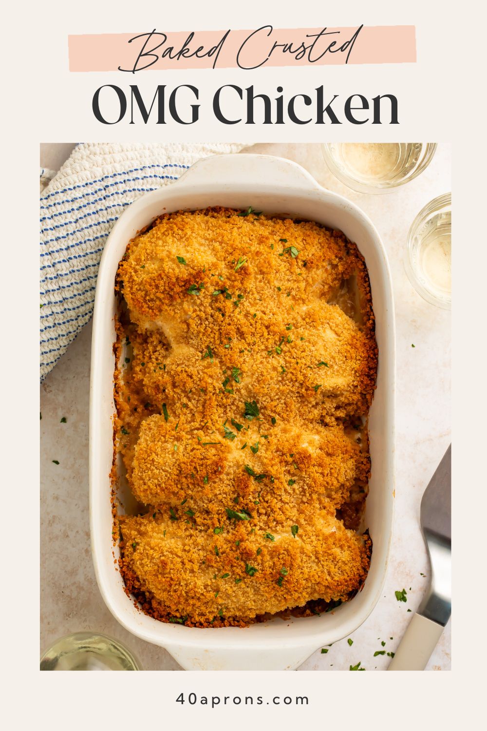 Pinterest graphic showing white baking dish with breaded chicken, text reads "Baked Crusted OMG Chicken".