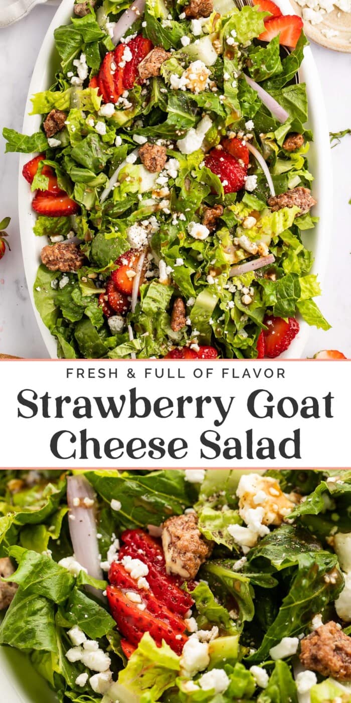 Pin graphic for strawberry goat cheese salad.