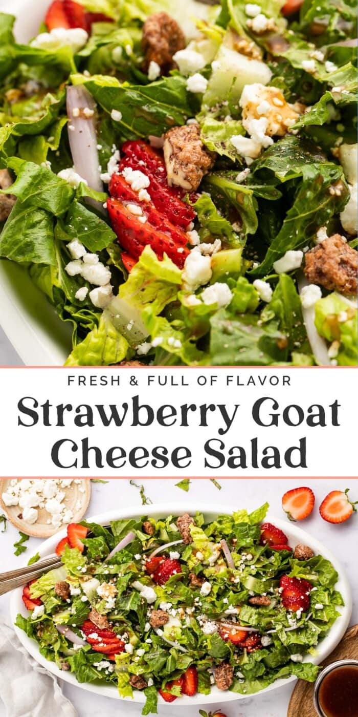 Pin graphic for strawberry goat cheese salad.