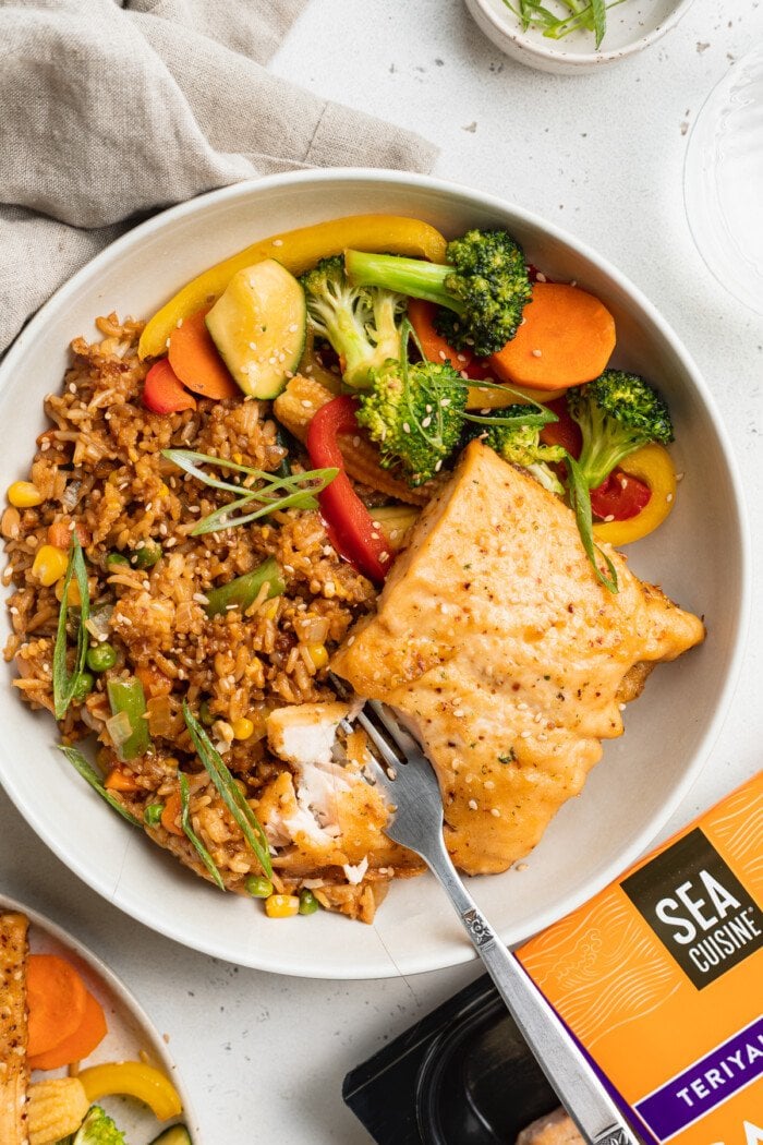 Overhead view of a teriyaki salmon hibachi dinner with fried rice and sauteed vegetables.