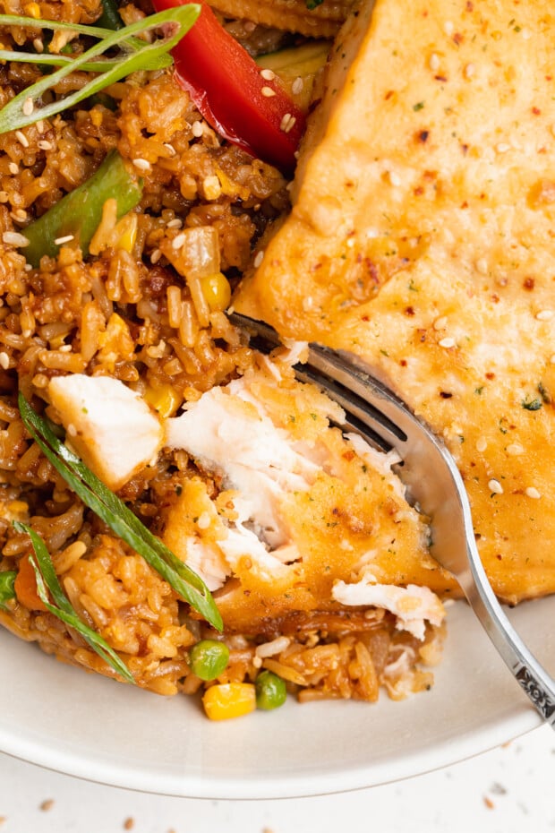 Close-up view of flaked teriyaki salmon with hibachi vegetables and fried rice.