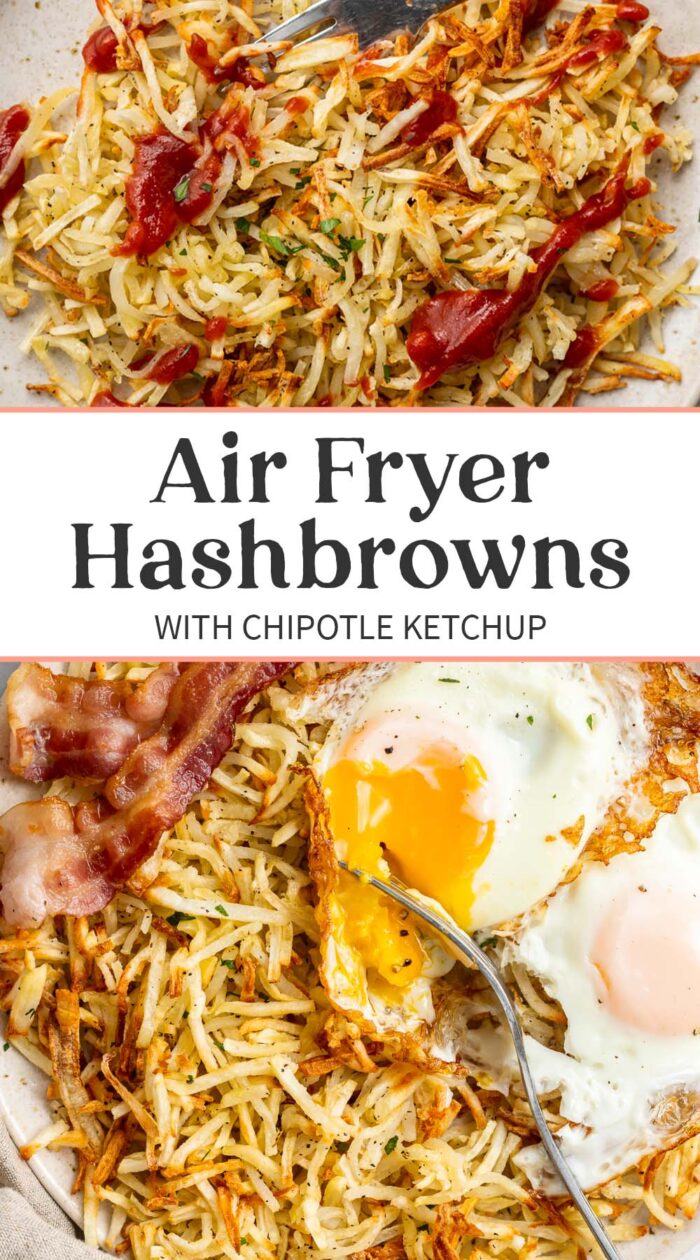 Pin graphic for air fryer hashbrowns.