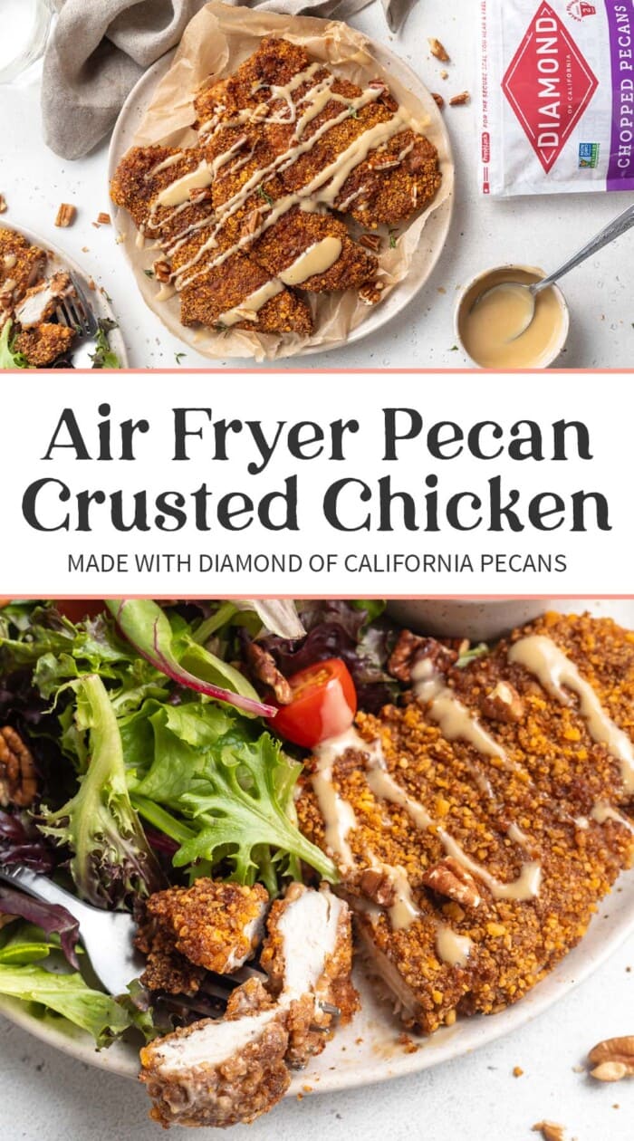 Pin graphic for air fryer pecan-crusted chicken.