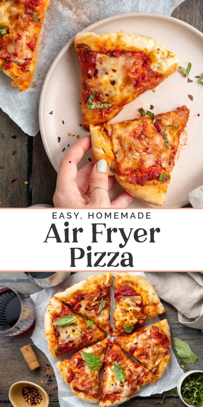 Pin graphic for air fryer pizza.