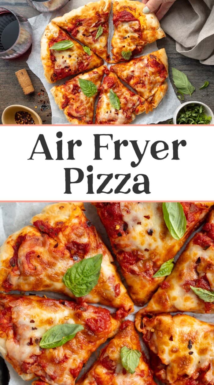 Pin graphic for air fryer pizza.