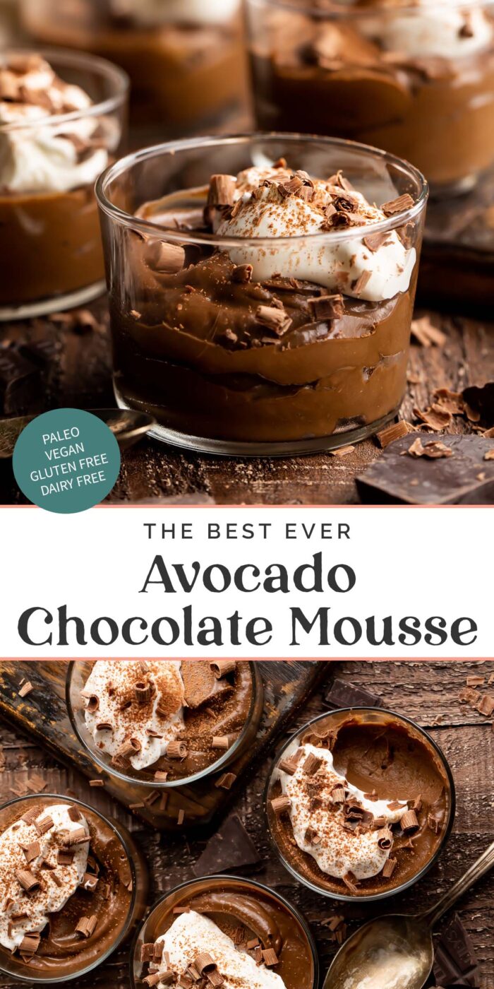 Pin graphic for avocado chocolate mousse.