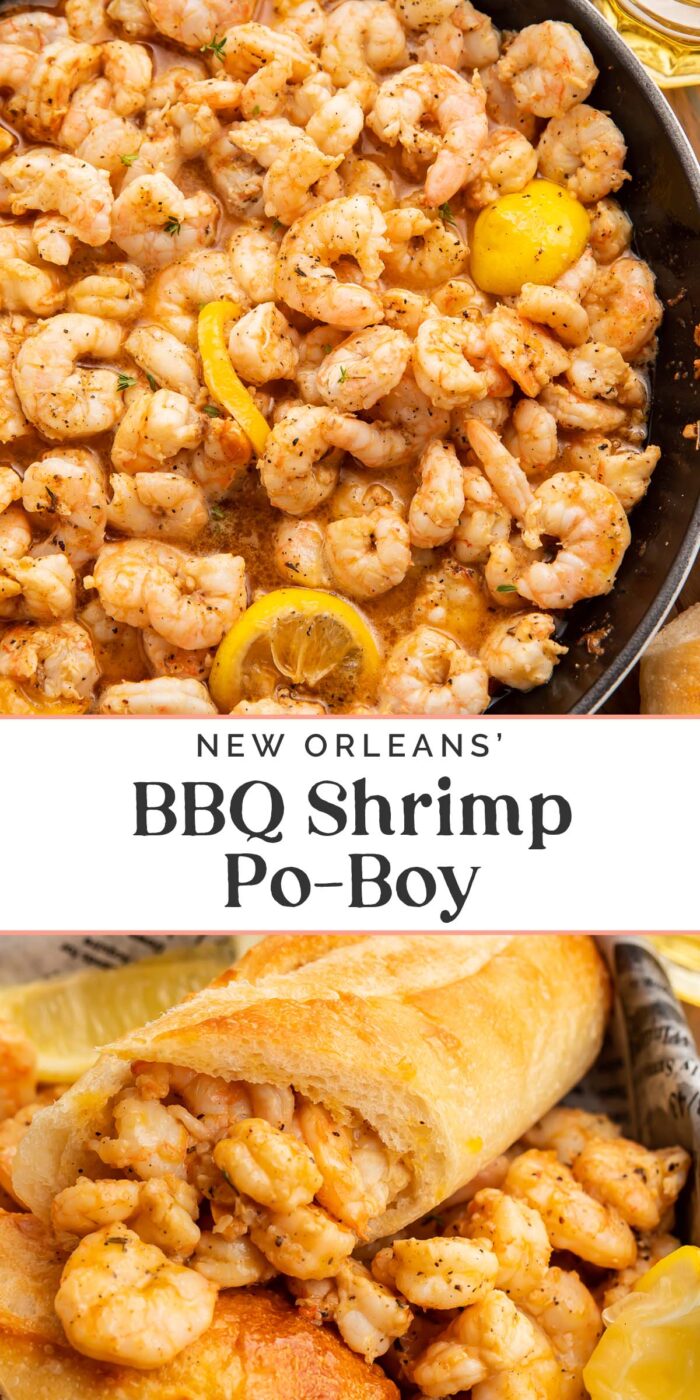 Pin graphic for New Orleans bbq shrimp po-boy.
