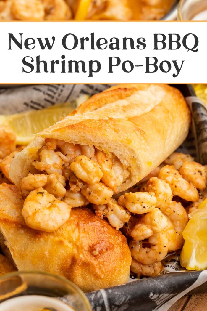 Pin graphic for New Orleans bbq shrimp po-boy.