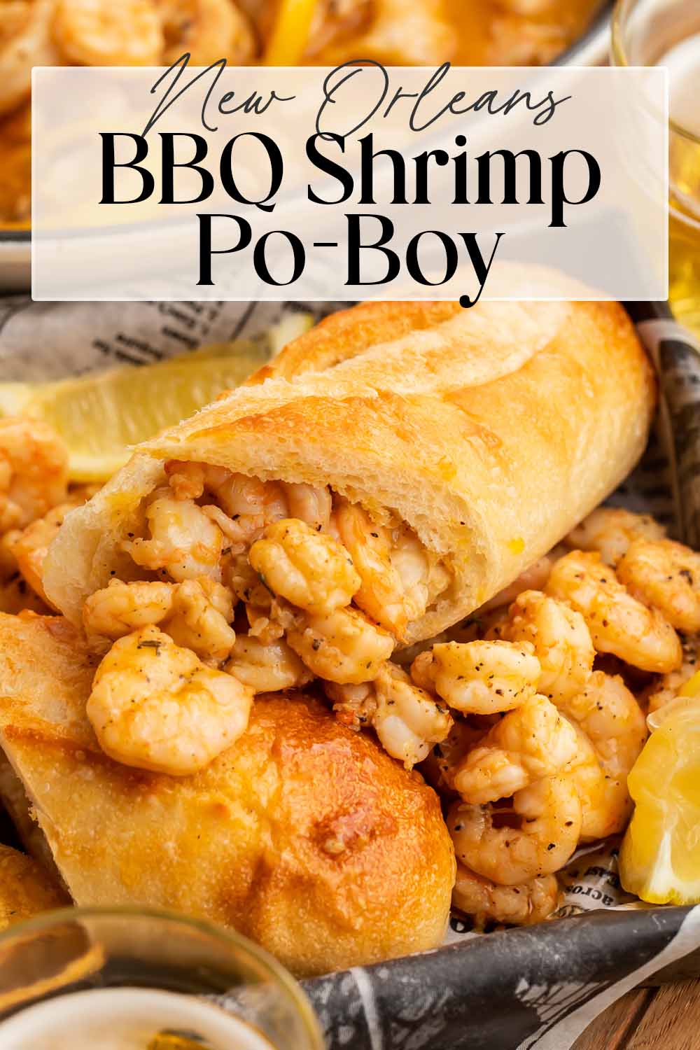 Pin graphic for New Orleans BBQ shrimp poboy.