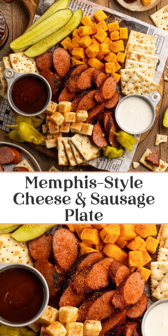 Pin graphic for Memphis-style cheese and sausage plate.