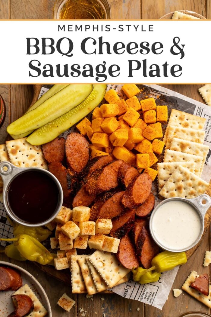 Pin graphic for Memphis-style cheese and sausage plate.