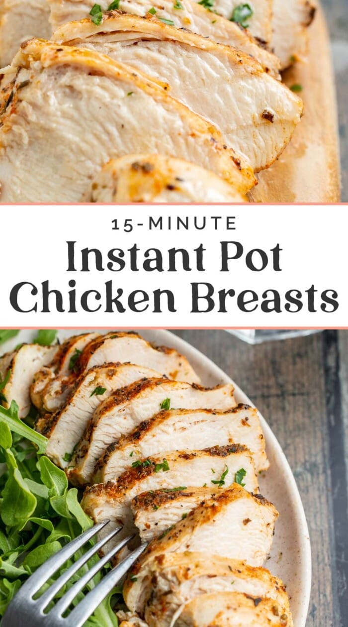 Pin graphic for Instant Pot chicken breasts.
