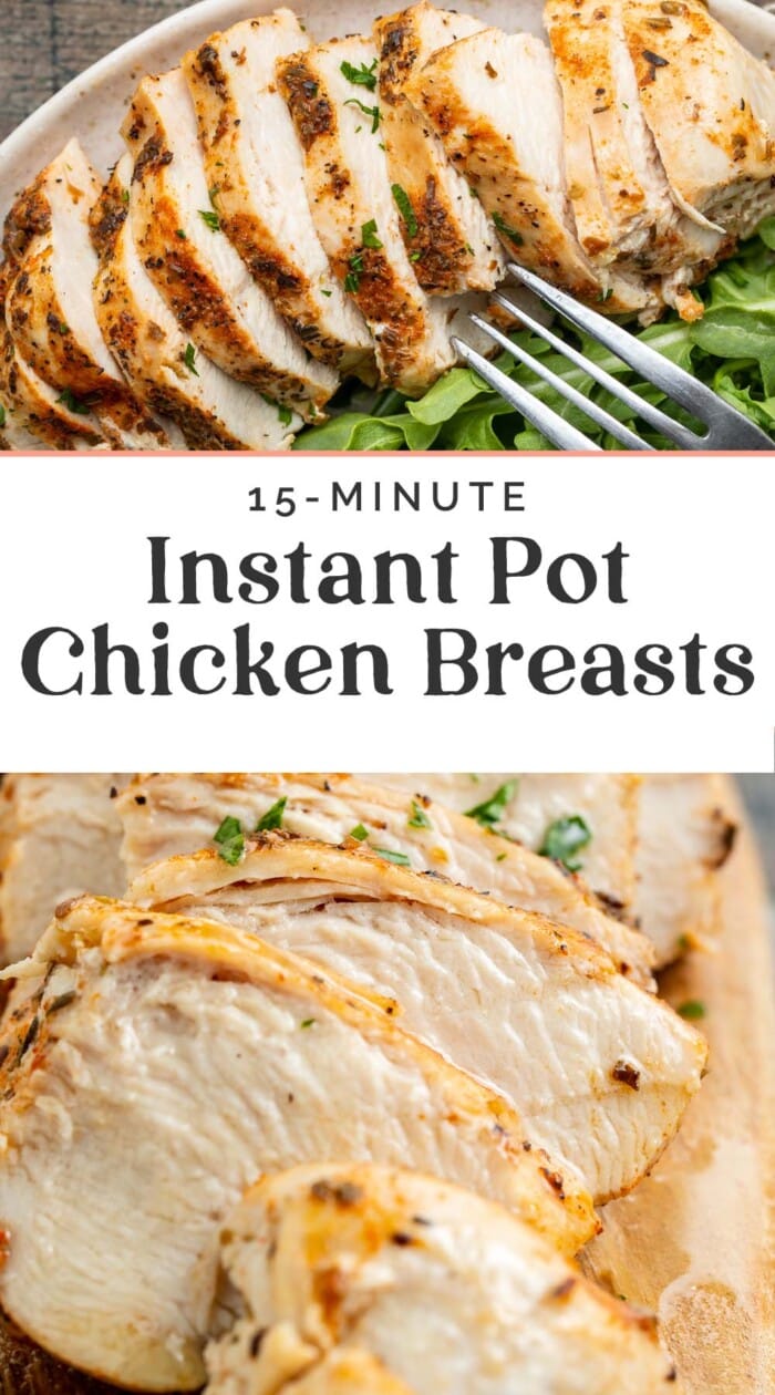Pin graphic for Instant Pot chicken breasts.