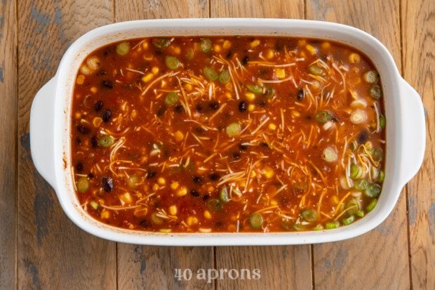 Overhead view of Mexican rice casserole in a casserole dish.
