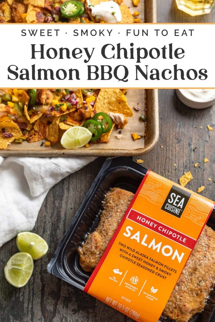 Pin graphic for salmon bbq nachos.