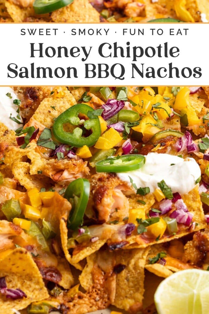 Pin graphic for salmon bbq nachos.